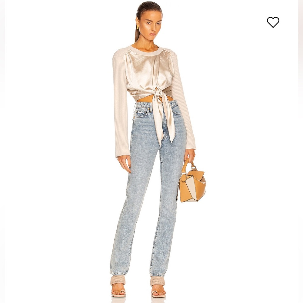 Jonathan Simkhai Marcela Mixed Media Tie Front Long Sleeve Top XS